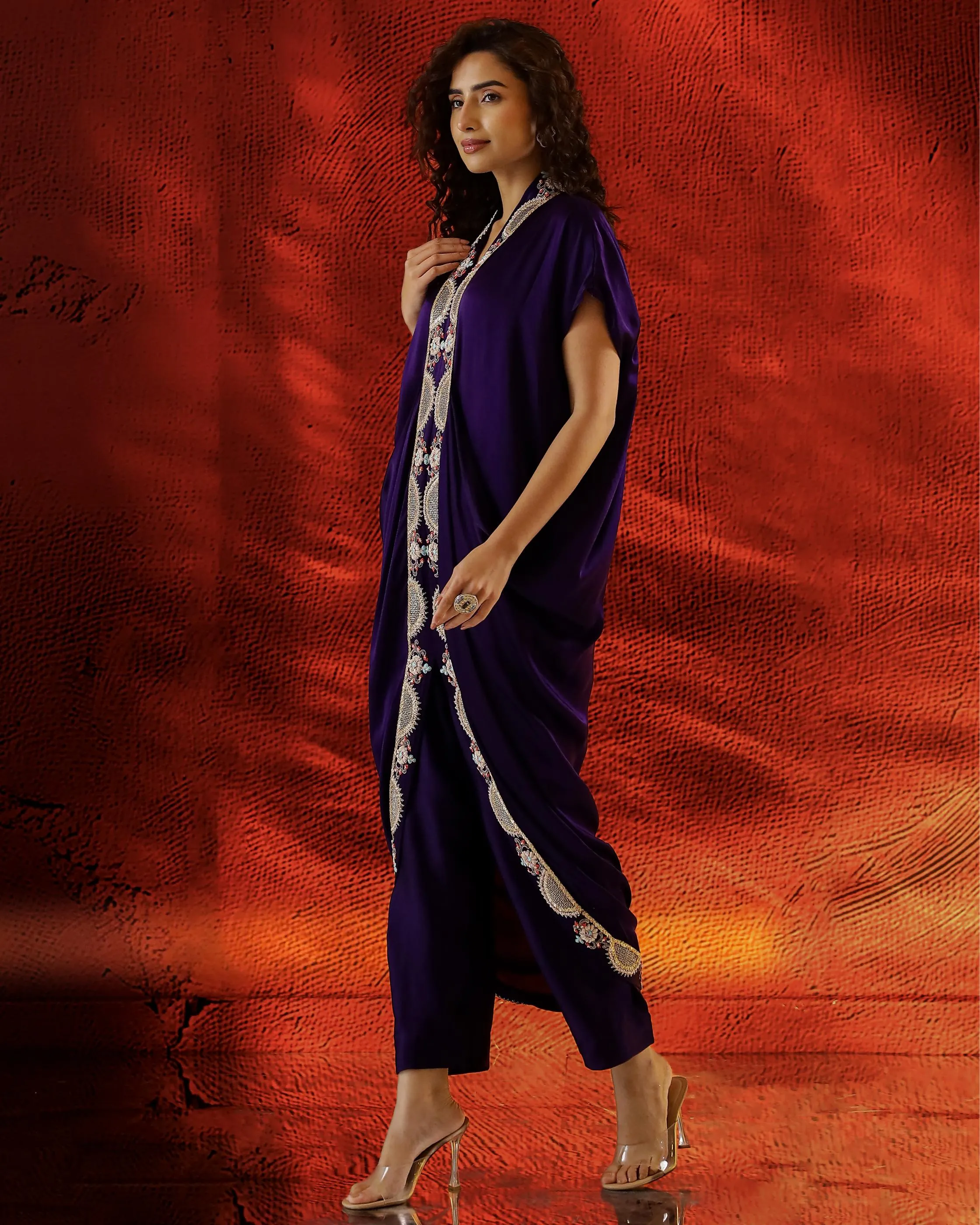 Purple Embellished Satin Silk Dress With Pants