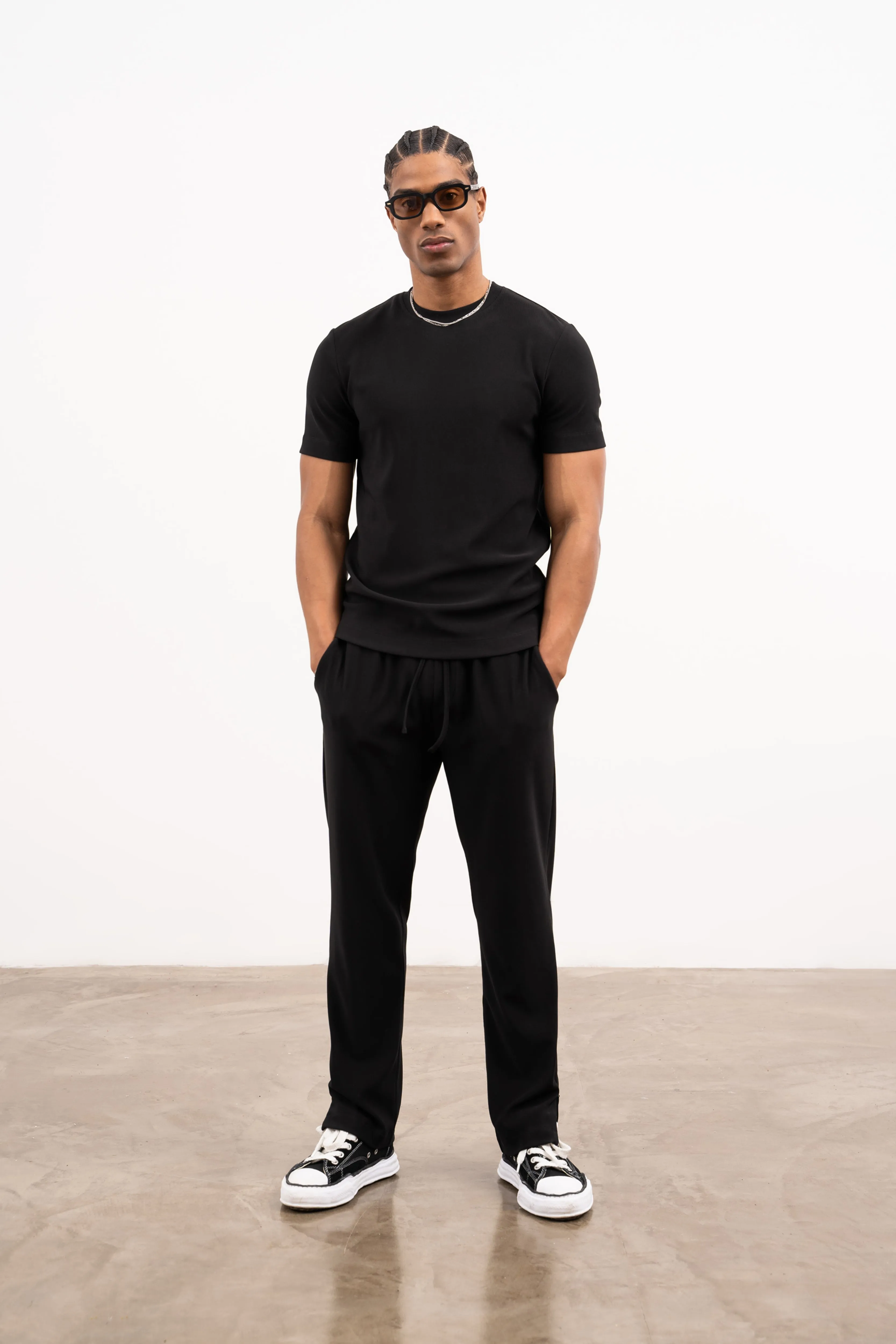 RIB TEXTURED TAPERED TROUSERS - BLACK