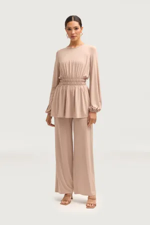 Rouched Top & Wide Leg Pants Matching Set - Mink