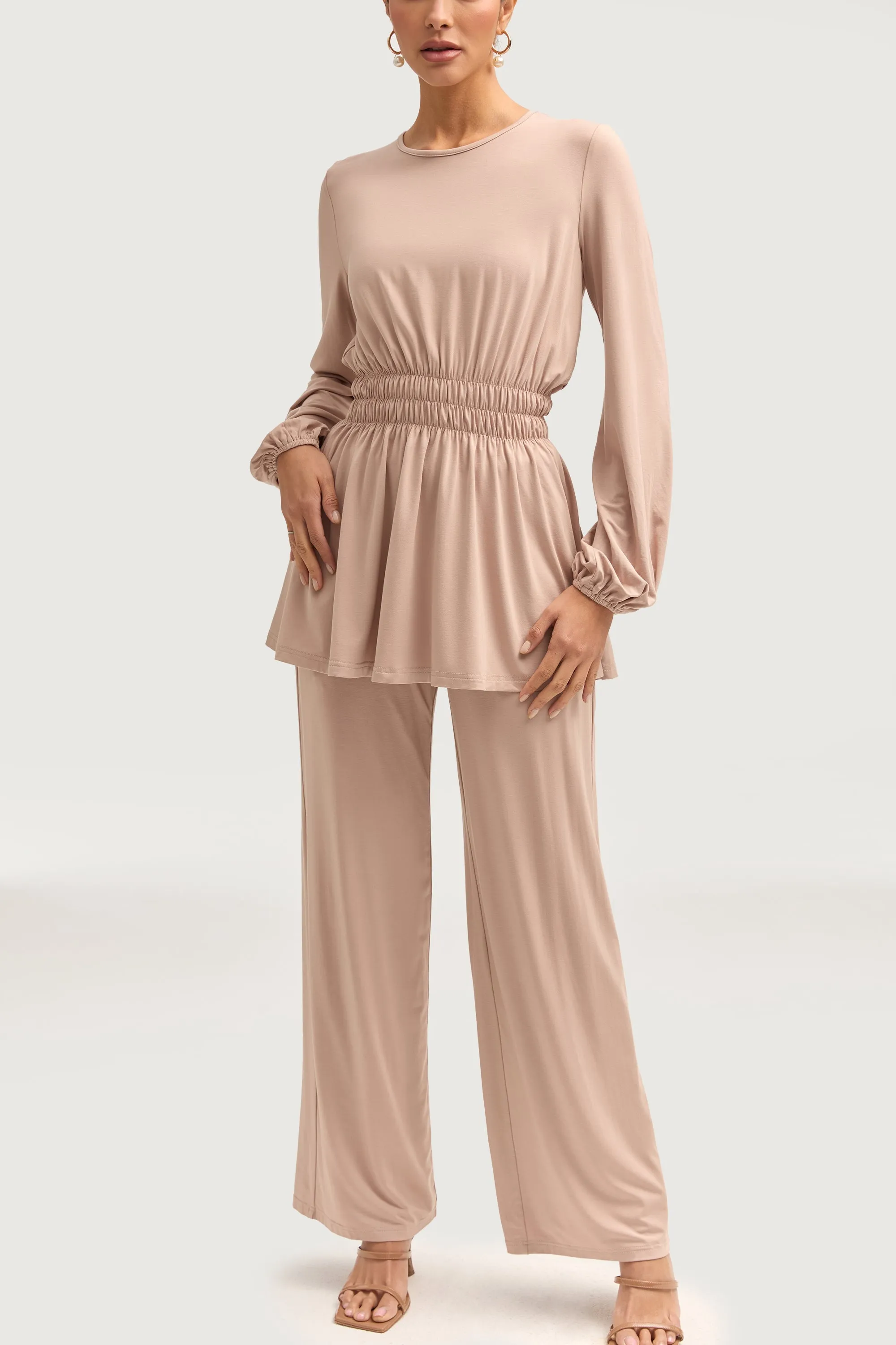 Rouched Top & Wide Leg Pants Matching Set - Mink