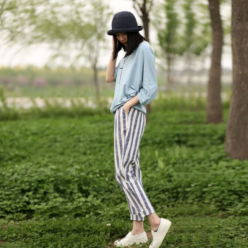 Stripe Summer Linen Summer  Women Casual Pants with Pockets SXM97244