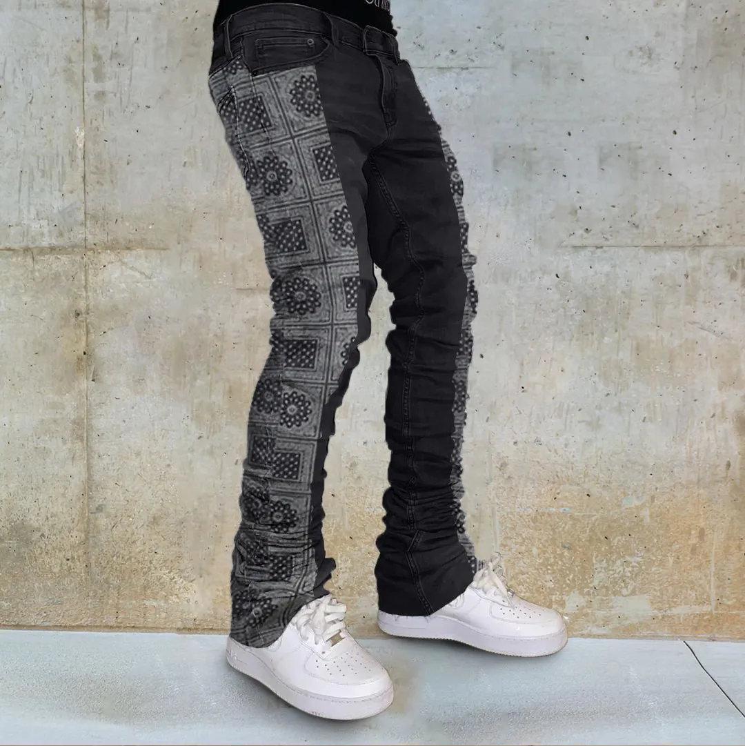 Trendy brand cashew nut flower contrast stitching jeans