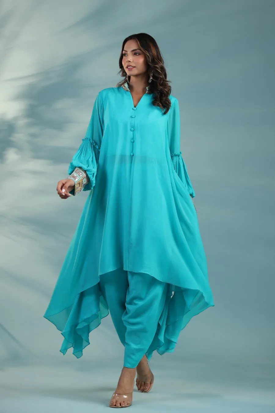 Turquoise Embroidered Tunic With Dhoti Pants