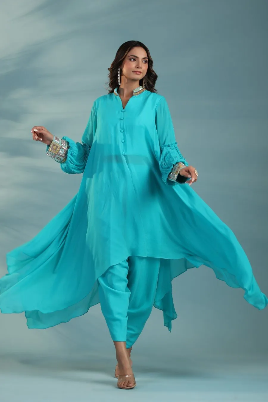 Turquoise Embroidered Tunic With Dhoti Pants