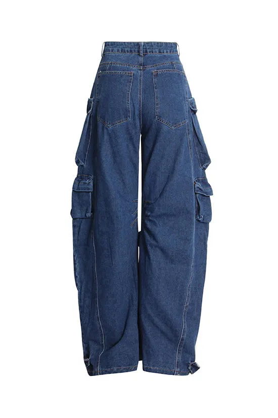 Urban Multiple Pocket Ruched High Waist Full Length Horseshoe Cargo Jeans