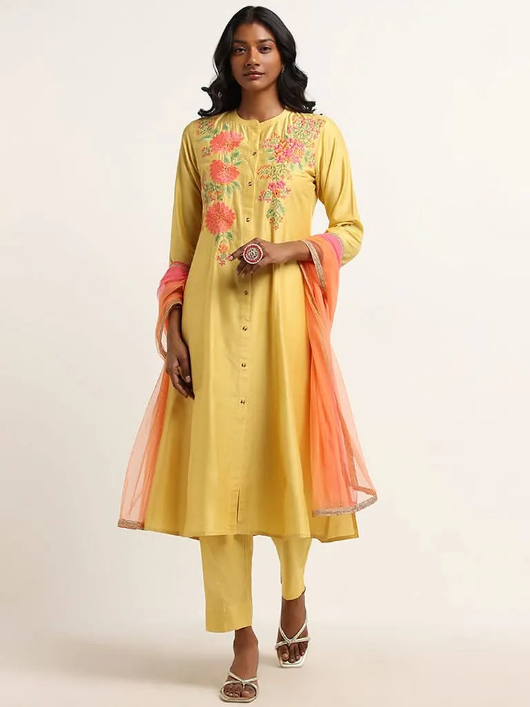 Vark Yellow Embroidered Kurta, Pants and Dupatta Set