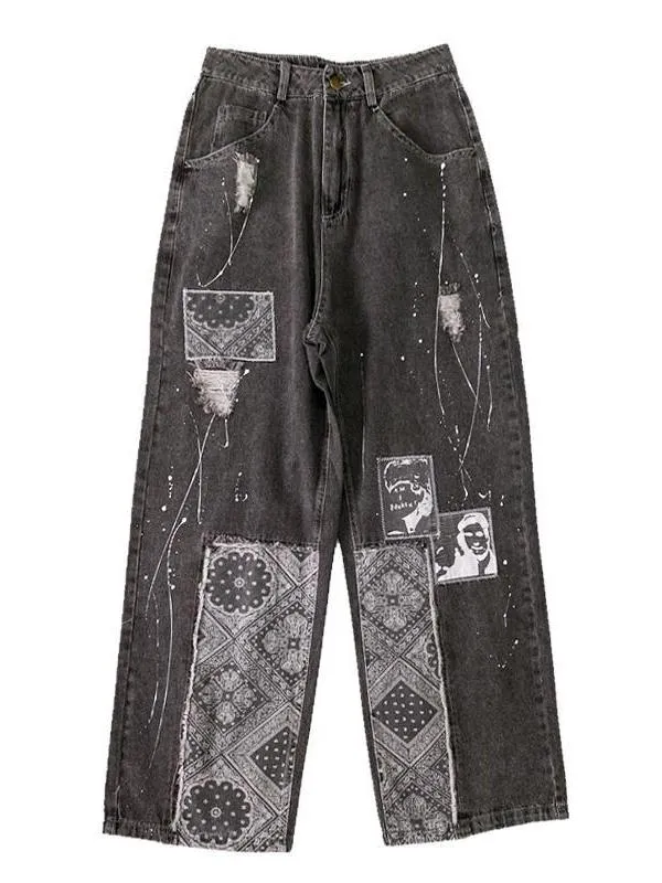 Wenkouban Boyfriend jeans with patchwork paisley motif