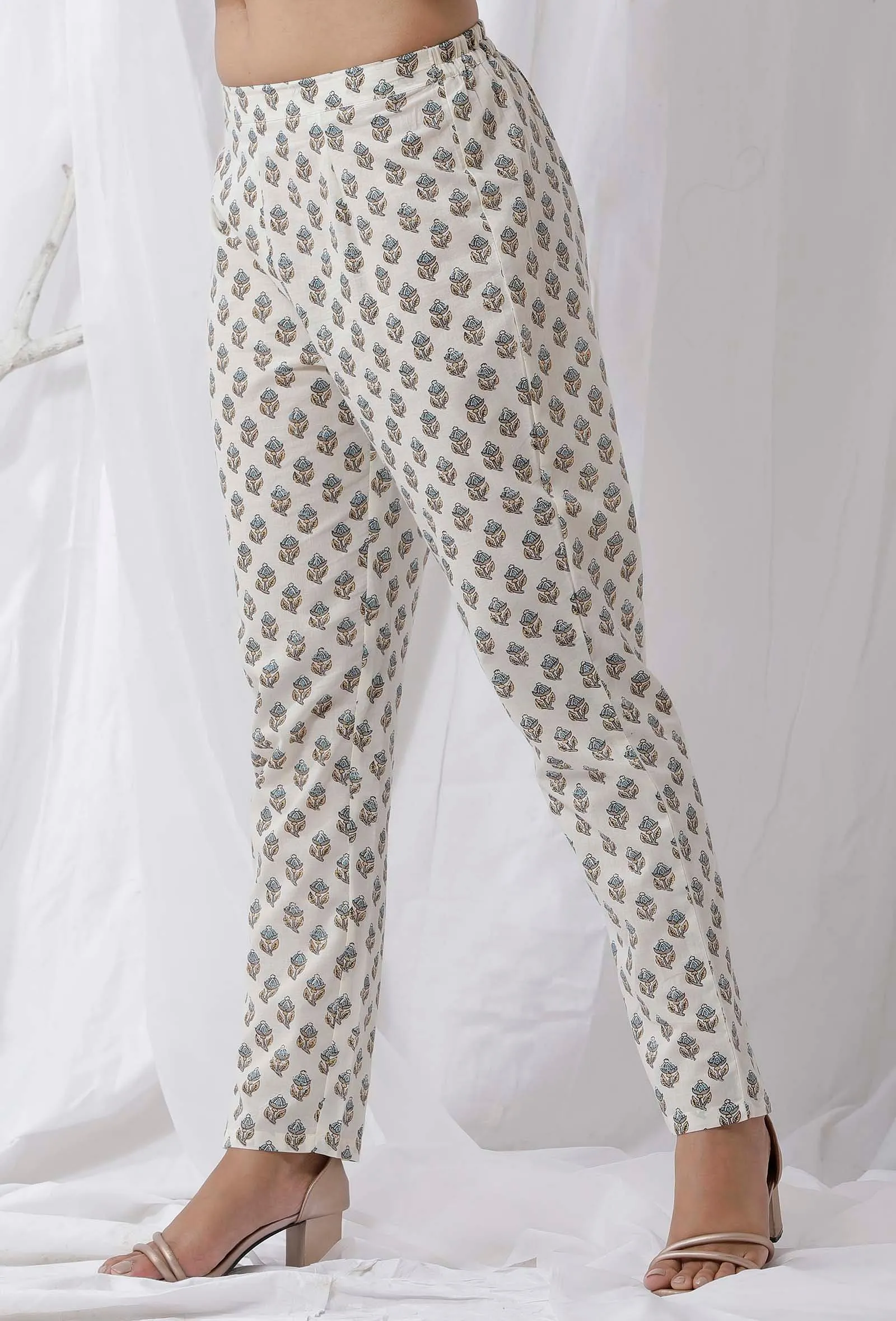 White Cotton Handblock Floral Pants