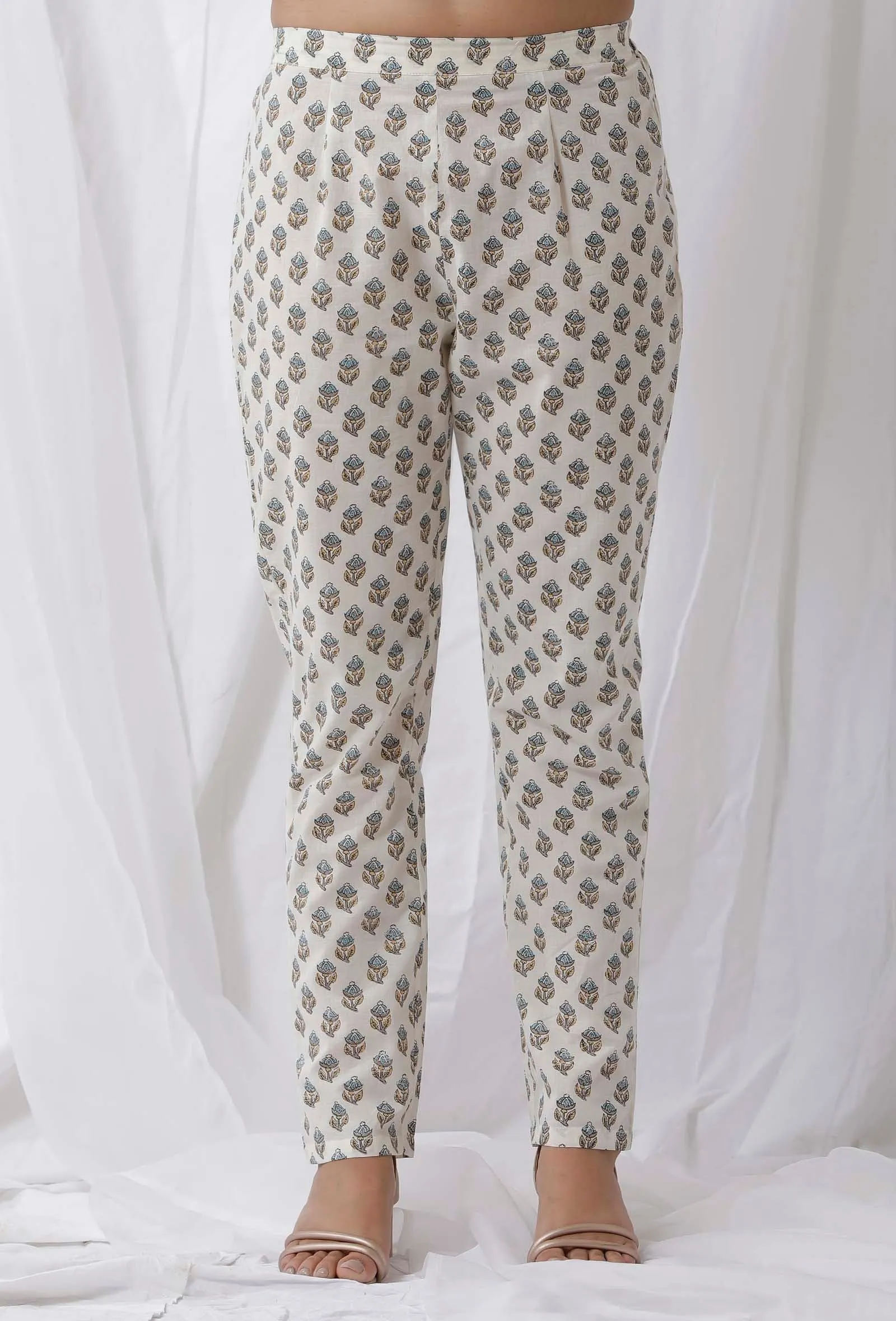 White Cotton Handblock Floral Pants