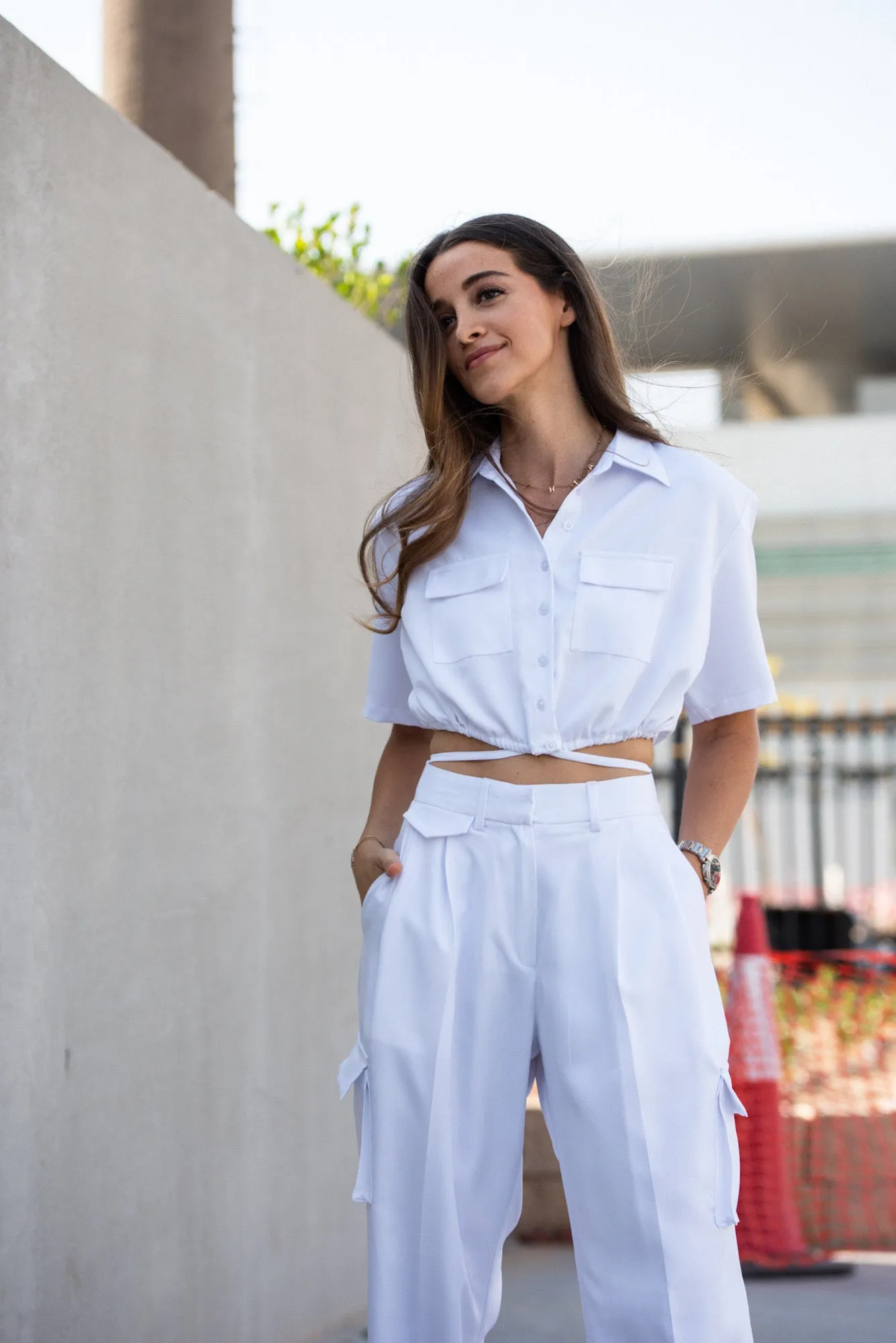 White pocket palazzo pants