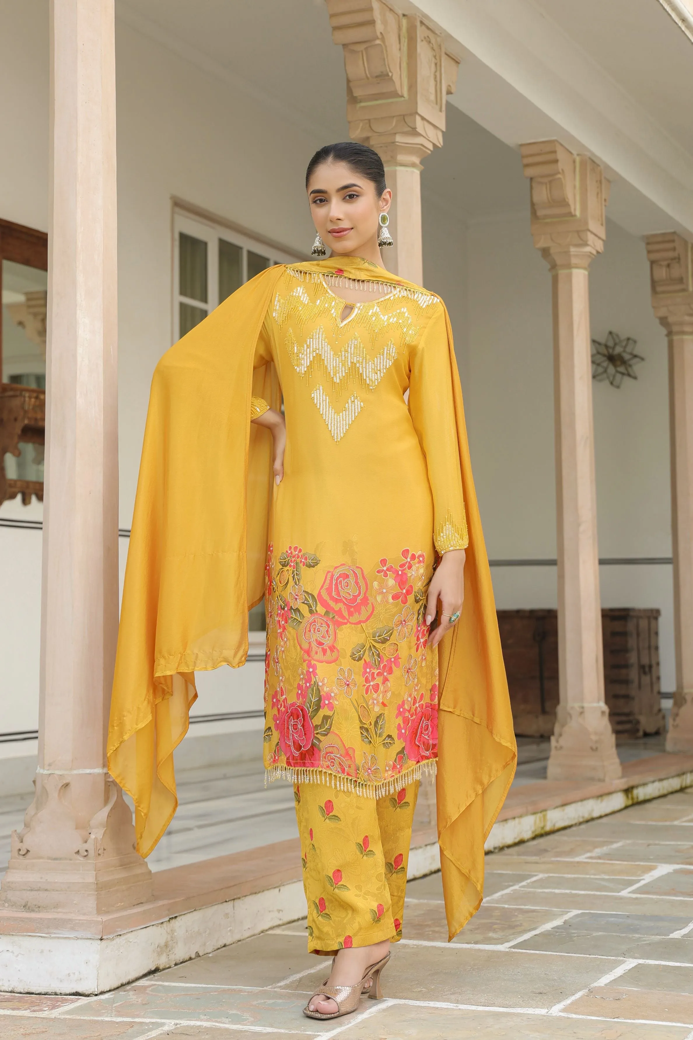 Yellow Floral Printed Chinon Silk Pants Set